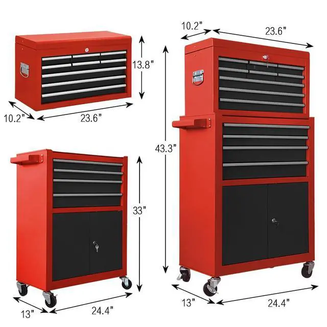 Alt view image 3 of 6 - Tool Chest 13-Drawer with Double Door Handle,2 in 1 Detachable Rolling Tool Chests with Wheels and Drawers,Large Tool Box with Lock (Red&Black)