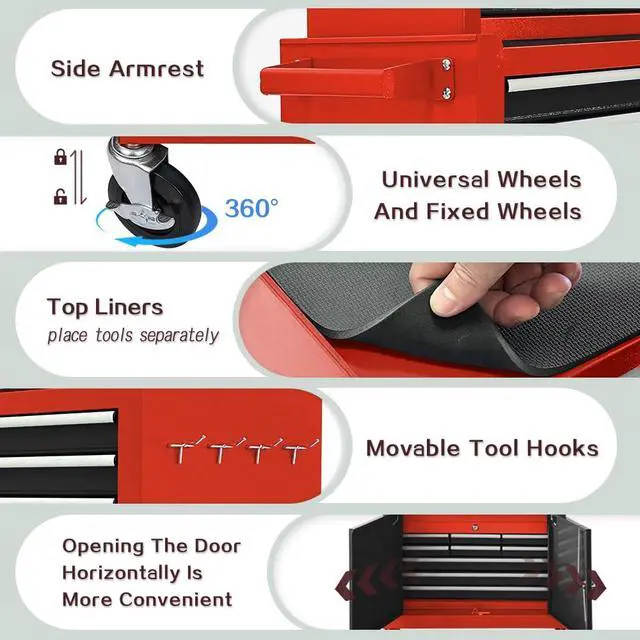 Alt view image 6 of 6 - Tool Chest 13-Drawer with Double Door Handle,2 in 1 Detachable Rolling Tool Chests with Wheels and Drawers,Large Tool Box with Lock (Red&Black)