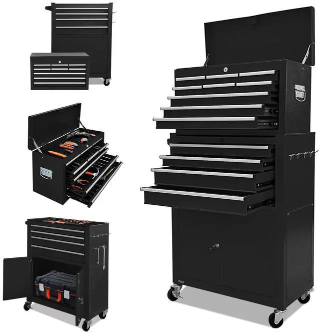 Main image of 13-Drawer Tool Chest with Double Door and Wheels, 2 in 1 Detachable Rolling Toolbox with Drawers,Large Tool Box with Lock,Mobile Steel Tool Cabinet Storage (Black)