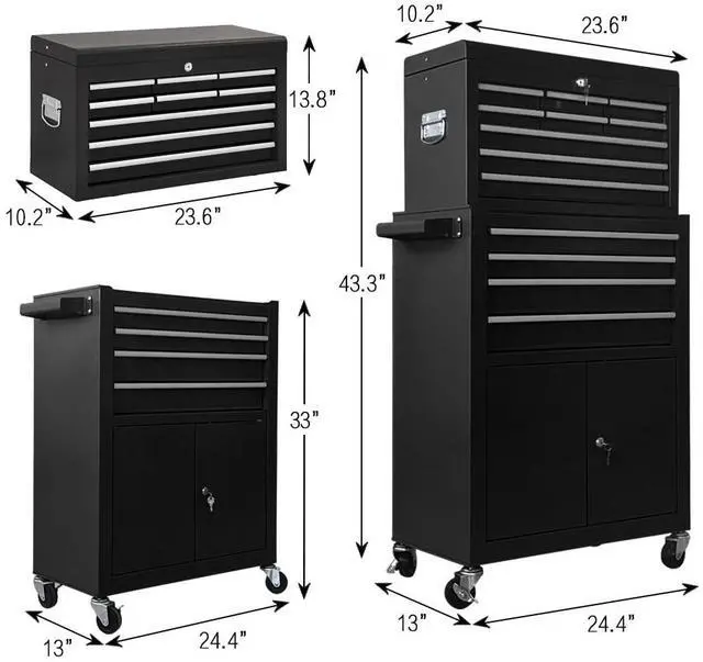 Alt view image 3 of 6 - 13-Drawer Tool Chest with Double Door and Wheels, 2 in 1 Detachable Rolling Toolbox with Drawers,Large Tool Box with Lock,Mobile Steel Tool Cabinet Storage (Black)