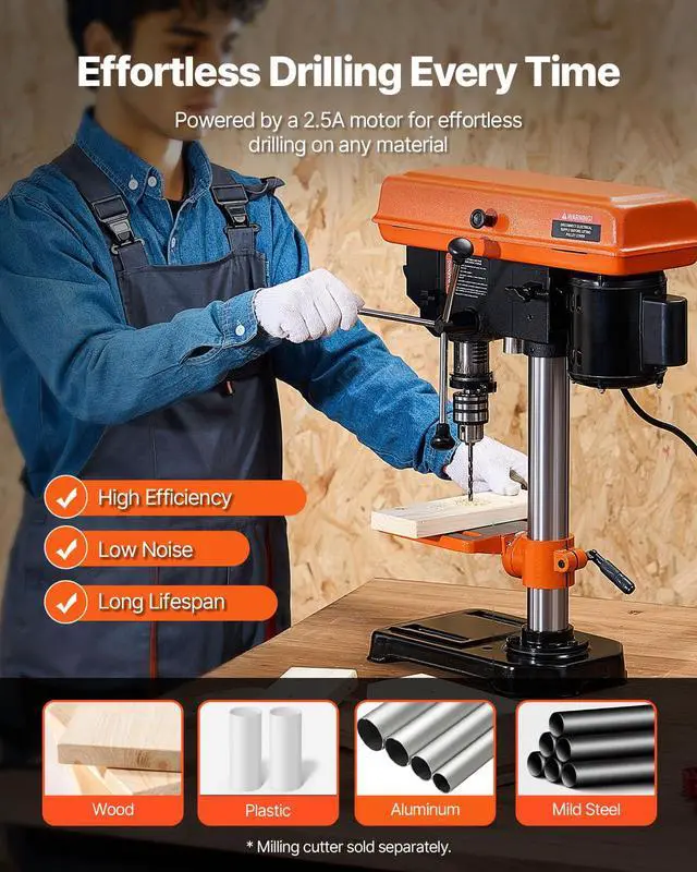 Alt view image 2 of 6 - 8 in Benchtop Drill Press, 2.5A Induction Motor, Tabletop Drilling Machine with 750/1140 / 1740/2340 / 3200 RPM Adjustable Speed, 0-45° Tilting Worktable, LED Work Light, for Wood Metal