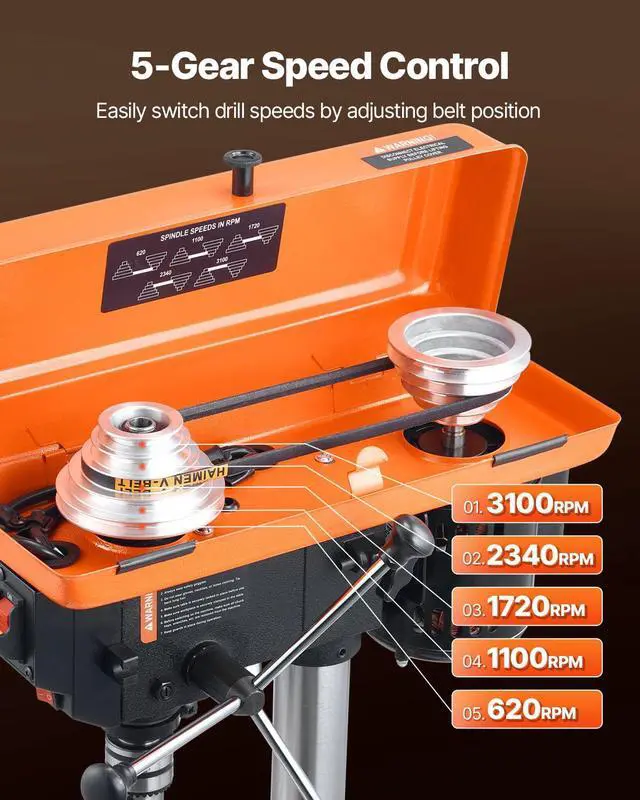 Alt view image 3 of 6 - 8 in Benchtop Drill Press, 2.5A Induction Motor, Tabletop Drilling Machine with 750/1140 / 1740/2340 / 3200 RPM Adjustable Speed, 0-45° Tilting Worktable, LED Work Light, for Wood Metal