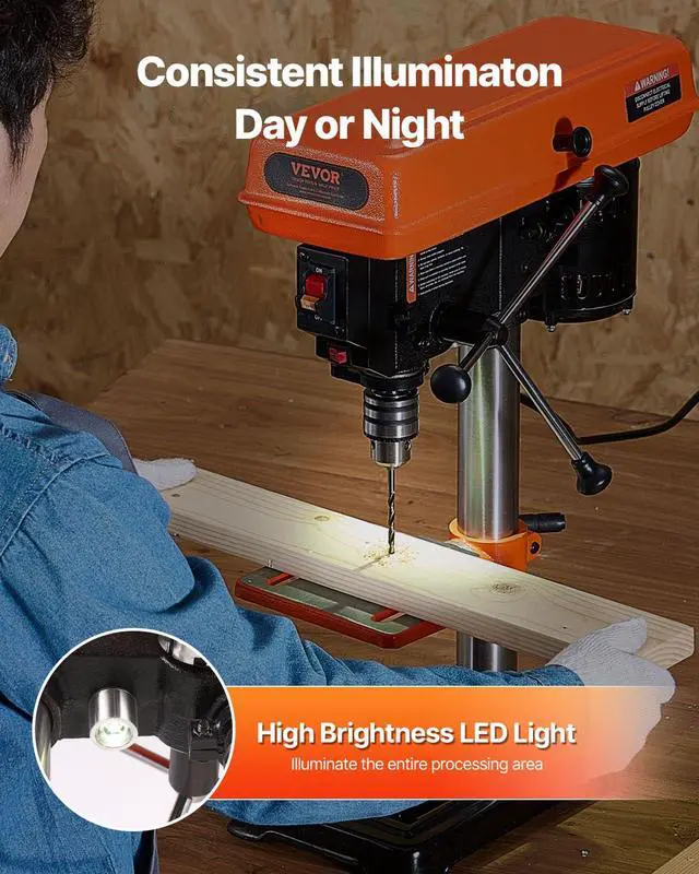 Alt view image 4 of 6 - 8 in Benchtop Drill Press, 2.5A Induction Motor, Tabletop Drilling Machine with 750/1140 / 1740/2340 / 3200 RPM Adjustable Speed, 0-45° Tilting Worktable, LED Work Light, for Wood Metal
