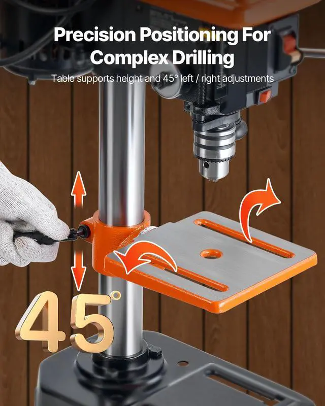 Alt view image 6 of 6 - 8 in Benchtop Drill Press, 2.5A Induction Motor, Tabletop Drilling Machine with 750/1140 / 1740/2340 / 3200 RPM Adjustable Speed, 0-45° Tilting Worktable, LED Work Light, for Wood Metal