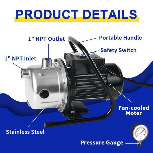 Alt view image 5 of 5 - Shallow Well Pump, Stainless Steel Garden Irrigation Pump, 115V Water Transfer Pump, Water Booster Jet Pump for Home Garden Lawn Farm, Silver
