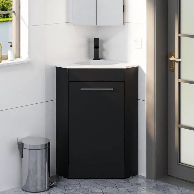 Main image of 26" Corner Bathroom Vanity Sink Combo for Small Space Freestanding Storage Cabinet with White Resin Sink and Matte Black Faucet, Black
