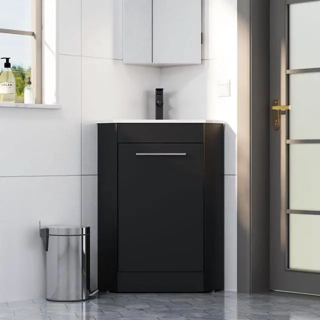Alt view image 3 of 6 - 26" Corner Bathroom Vanity Sink Combo for Small Space Freestanding Storage Cabinet with White Resin Sink and Matte Black Faucet, Black