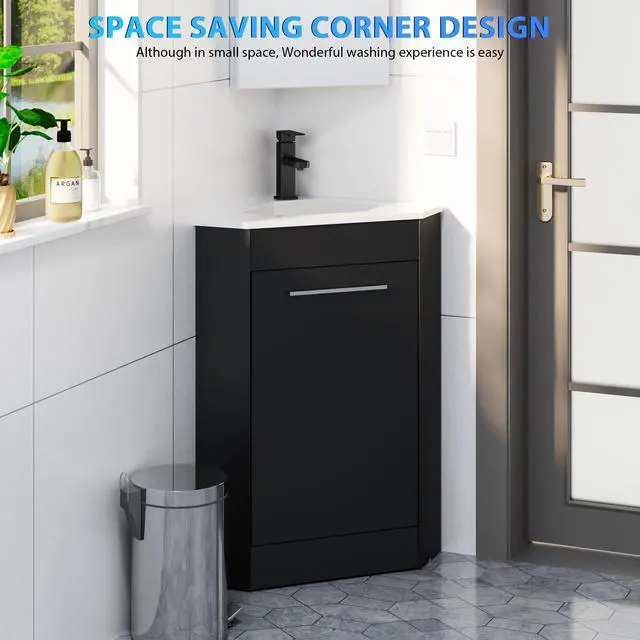 Alt view image 4 of 6 - 26" Corner Bathroom Vanity Sink Combo for Small Space Freestanding Storage Cabinet with White Resin Sink and Matte Black Faucet, Black