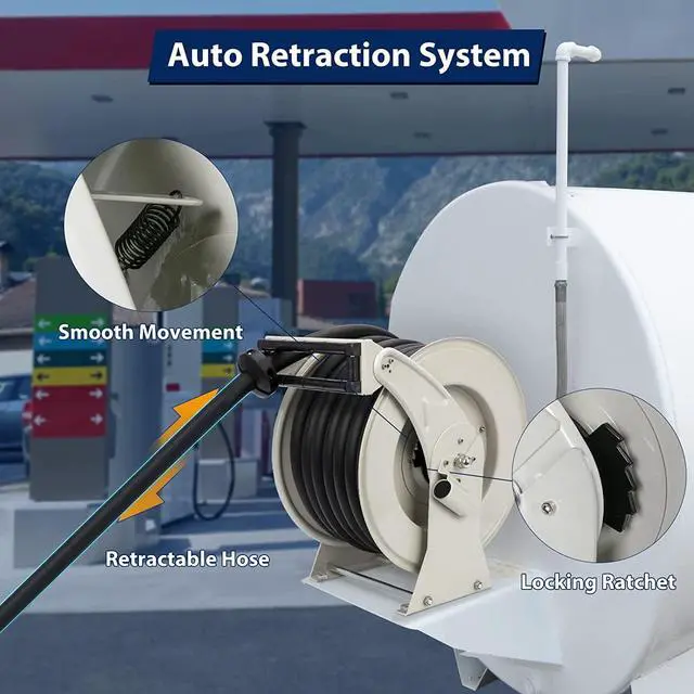 Alt view image 2 of 6 - Fuel Hose Reel 1" x 50' Spring Driven Retractable Diesel Hose Reel 300 PSI Industrial Auto Swivel Heavy Duty Steel Construction Reel with Fueling Nozzle for Aircraft Ship Vehicle Tank