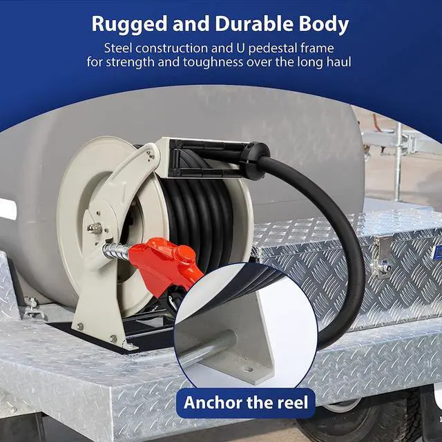 Alt view image 3 of 6 - Fuel Hose Reel 1" x 50' Spring Driven Retractable Diesel Hose Reel 300 PSI Industrial Auto Swivel Heavy Duty Steel Construction Reel with Fueling Nozzle for Aircraft Ship Vehicle Tank