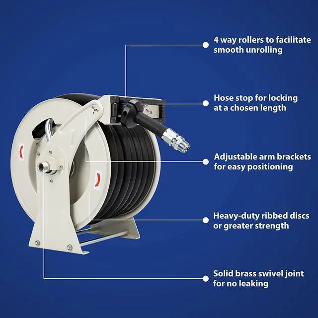 Alt view image 5 of 6 - Fuel Hose Reel 1" x 50' Spring Driven Retractable Diesel Hose Reel 300 PSI Industrial Auto Swivel Heavy Duty Steel Construction Reel with Fueling Nozzle for Aircraft Ship Vehicle Tank