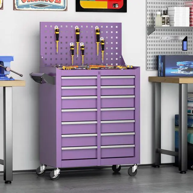 Alt view image 2 of 6 - 7 Drawers Rolling Tool Box with Pegboard,Portable Tool Chest with Wheels, Tool Box Organizer with Locking System for Garage, Purple