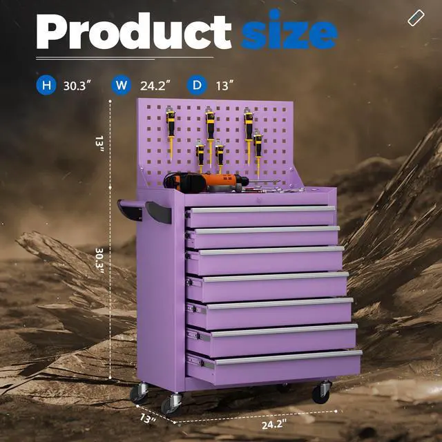 Alt view image 3 of 6 - 7 Drawers Rolling Tool Box with Pegboard,Portable Tool Chest with Wheels, Tool Box Organizer with Locking System for Garage, Purple