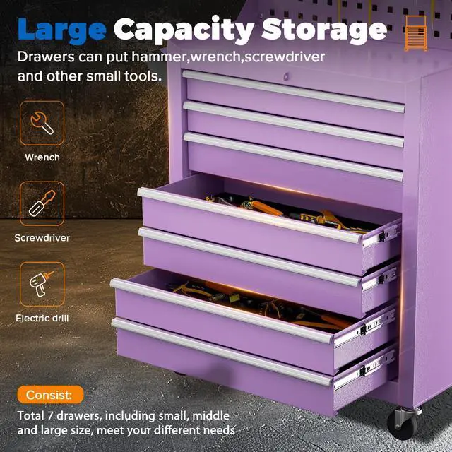 Alt view image 4 of 6 - 7 Drawers Rolling Tool Box with Pegboard,Portable Tool Chest with Wheels, Tool Box Organizer with Locking System for Garage, Purple