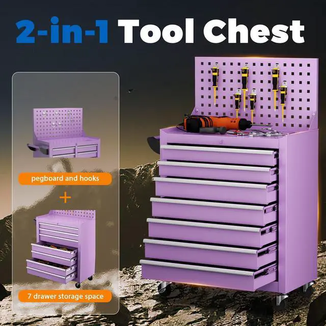 Alt view image 5 of 6 - 7 Drawers Rolling Tool Box with Pegboard,Portable Tool Chest with Wheels, Tool Box Organizer with Locking System for Garage, Purple