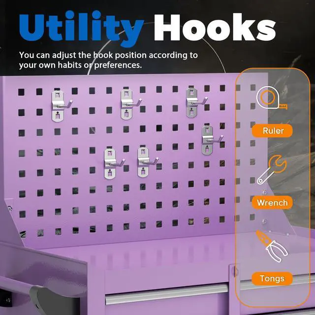 Alt view image 6 of 6 - 7 Drawers Rolling Tool Box with Pegboard,Portable Tool Chest with Wheels, Tool Box Organizer with Locking System for Garage, Purple