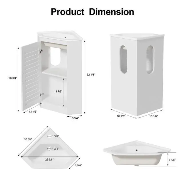Alt view image 2 of 6 - 24" Corner Bathroom Vanity Undermount Sink Combo, Freestanding Storage Cabinet, Soft Closing Doors, Modern Wall Mount Bathroom Vanity for Small Space, White (Faucet Not Included)