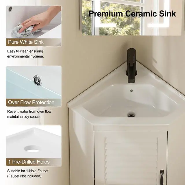 Alt view image 4 of 6 - 24" Corner Bathroom Vanity Undermount Sink Combo, Freestanding Storage Cabinet, Soft Closing Doors, Modern Wall Mount Bathroom Vanity for Small Space, White (Faucet Not Included)