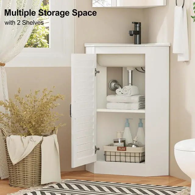 Alt view image 6 of 6 - 24" Corner Bathroom Vanity Undermount Sink Combo, Freestanding Storage Cabinet, Soft Closing Doors, Modern Wall Mount Bathroom Vanity for Small Space, White (Faucet Not Included)