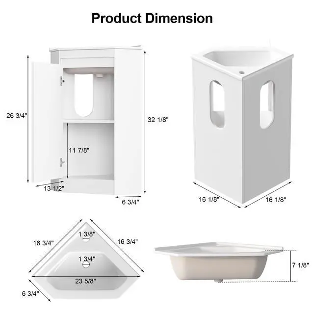 Alt view image 2 of 6 - 24" Corner Bathroom Vanity Sink Combo for Small Space, Freestanding Compact Space Bathroom Storage Cabinet with White Ceramic Sink, Wall Mounted Modern Vanity,White