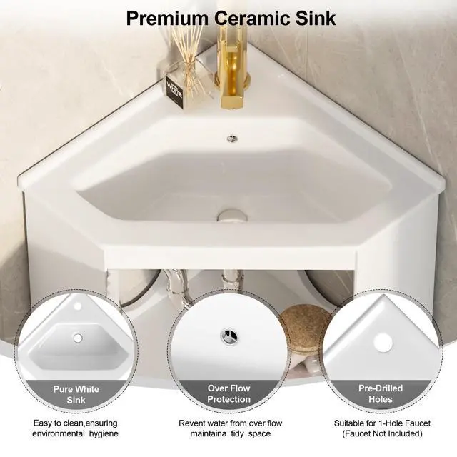 Alt view image 3 of 6 - 24" Corner Bathroom Vanity Sink Combo for Small Space, Freestanding Compact Space Bathroom Storage Cabinet with White Ceramic Sink, Wall Mounted Modern Vanity,White