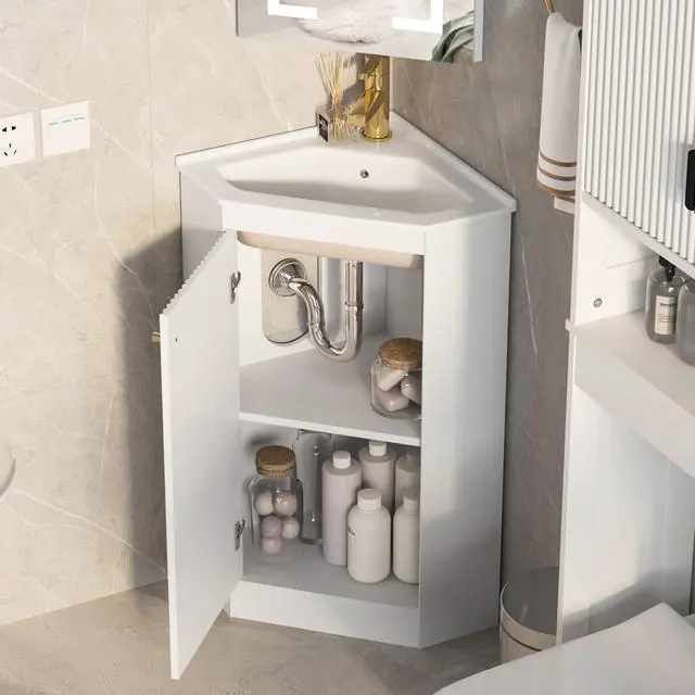 Alt view image 4 of 6 - 24" Corner Bathroom Vanity Sink Combo for Small Space, Freestanding Compact Space Bathroom Storage Cabinet with White Ceramic Sink, Wall Mounted Modern Vanity,White