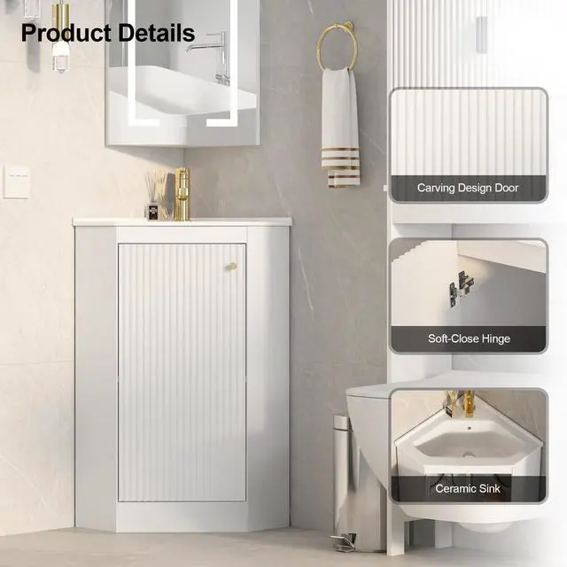 Alt view image 5 of 6 - 24" Corner Bathroom Vanity Sink Combo for Small Space, Freestanding Compact Space Bathroom Storage Cabinet with White Ceramic Sink, Wall Mounted Modern Vanity,White
