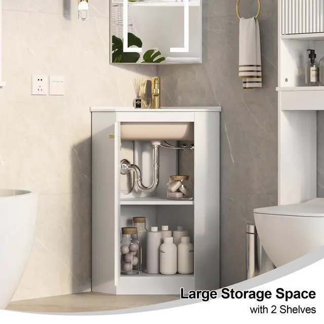 Alt view image 6 of 6 - 24" Corner Bathroom Vanity Sink Combo for Small Space, Freestanding Compact Space Bathroom Storage Cabinet with White Ceramic Sink, Wall Mounted Modern Vanity,White