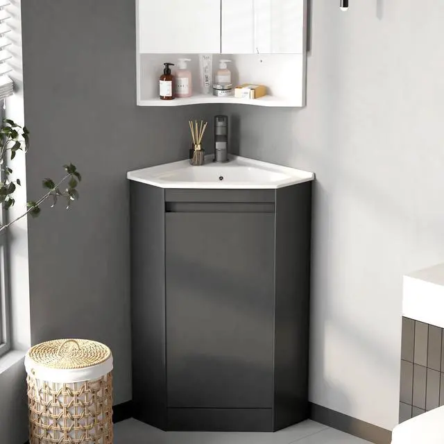 Main image of Black 24" Corner Bathroom Vanity with Sink,Small Bathroom Vanity, Ceramic Sink, Freestanding Storage Cabinet, Modern Wall-Mounted Bathroom Vanity for Powder Room,Half Bath (Faucet Not Included)