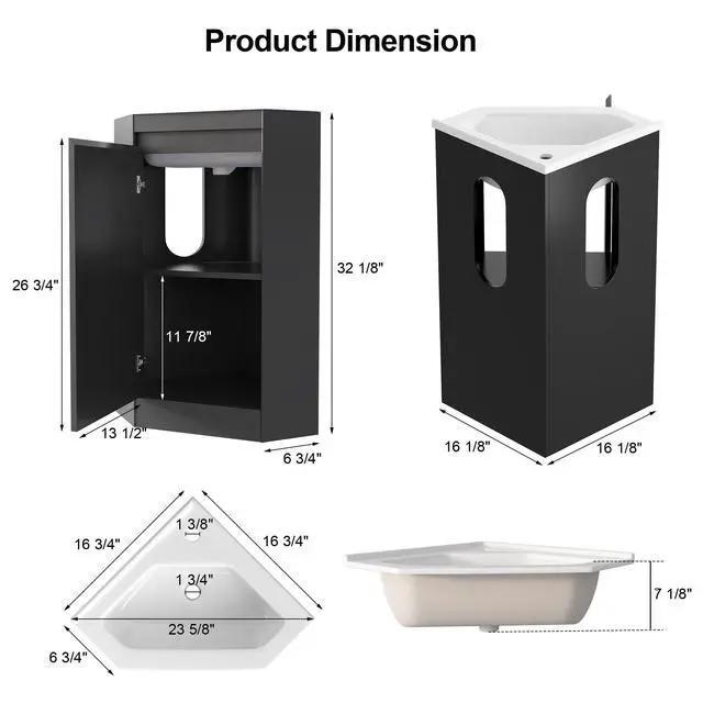 Alt view image 2 of 6 - Black 24" Corner Bathroom Vanity with Sink,Small Bathroom Vanity, Ceramic Sink, Freestanding Storage Cabinet, Modern Wall-Mounted Bathroom Vanity for Powder Room,Half Bath (Faucet Not Included)