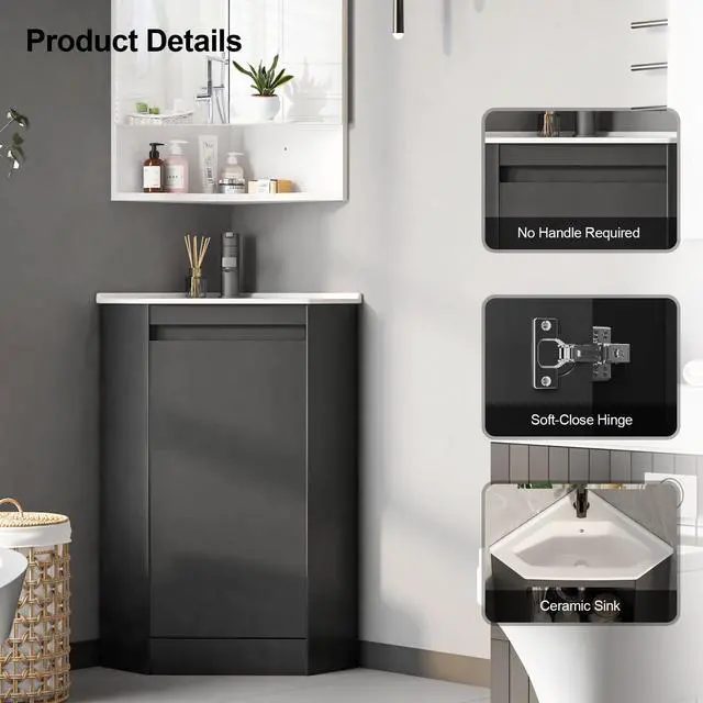 Alt view image 3 of 6 - Black 24" Corner Bathroom Vanity with Sink,Small Bathroom Vanity, Ceramic Sink, Freestanding Storage Cabinet, Modern Wall-Mounted Bathroom Vanity for Powder Room,Half Bath (Faucet Not Included)