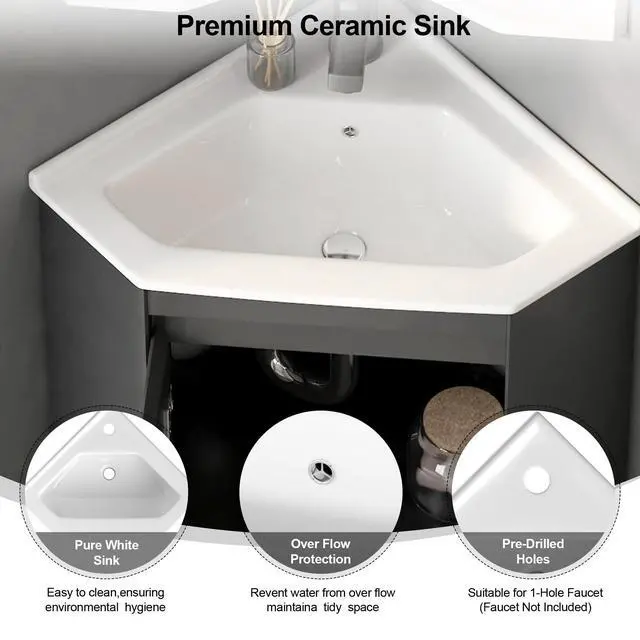 Alt view image 4 of 6 - Black 24" Corner Bathroom Vanity with Sink,Small Bathroom Vanity, Ceramic Sink, Freestanding Storage Cabinet, Modern Wall-Mounted Bathroom Vanity for Powder Room,Half Bath (Faucet Not Included)