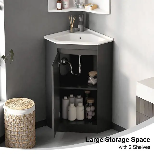 Alt view image 6 of 6 - Black 24" Corner Bathroom Vanity with Sink,Small Bathroom Vanity, Ceramic Sink, Freestanding Storage Cabinet, Modern Wall-Mounted Bathroom Vanity for Powder Room,Half Bath (Faucet Not Included)
