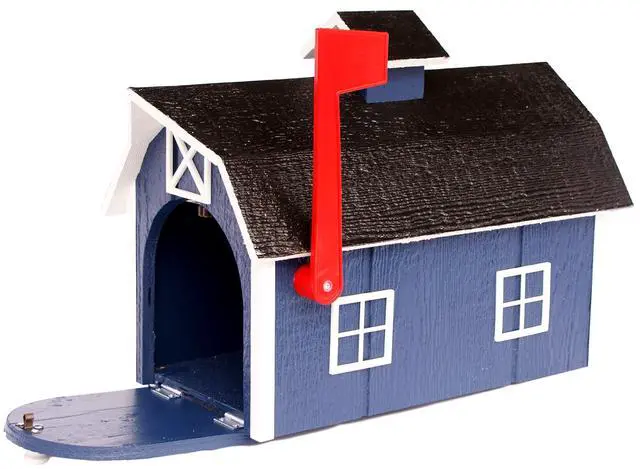 Alt view image 2 of 6 - Deluxe Wooden Mailbox, Dutch Barn Style (Navy Blue with White Trim)