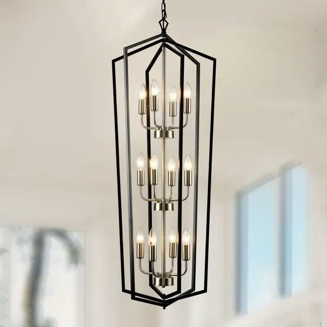 Main image of 12-Light Lantern Pendant Light, Foyer Chandeliers for High Ceilings, for Entrance, Foyer, Kitchen Island, Dining Room, Living Room(Black & Silver)