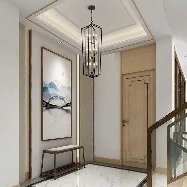 Alt view image 2 of 6 - 12-Light Lantern Pendant Light, Foyer Chandeliers for High Ceilings, for Entrance, Foyer, Kitchen Island, Dining Room, Living Room(Black & Silver)