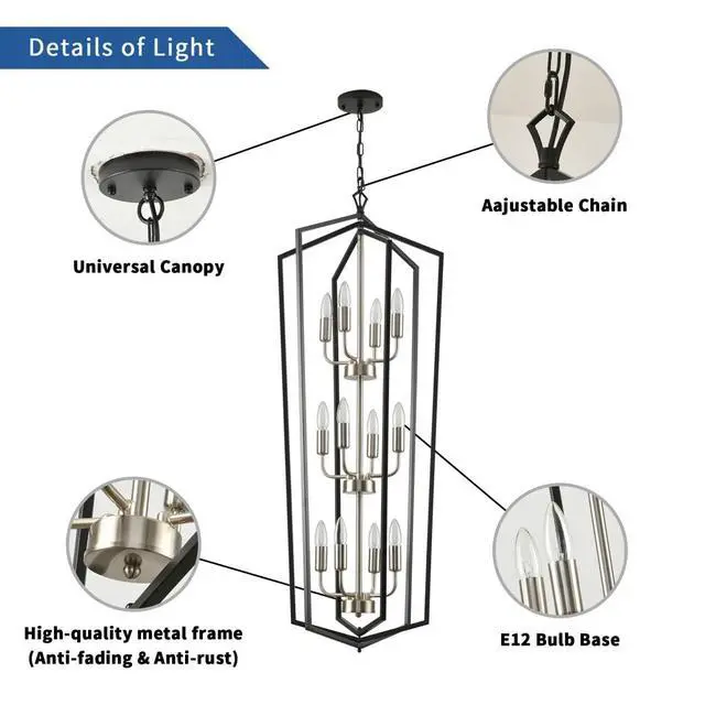 Alt view image 3 of 6 - 12-Light Lantern Pendant Light, Foyer Chandeliers for High Ceilings, for Entrance, Foyer, Kitchen Island, Dining Room, Living Room(Black & Silver)