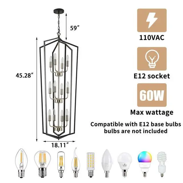 Alt view image 4 of 6 - 12-Light Lantern Pendant Light, Foyer Chandeliers for High Ceilings, for Entrance, Foyer, Kitchen Island, Dining Room, Living Room(Black & Silver)