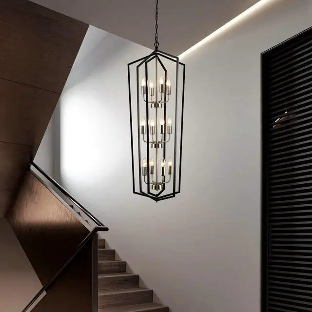 Alt view image 5 of 6 - 12-Light Lantern Pendant Light, Foyer Chandeliers for High Ceilings, for Entrance, Foyer, Kitchen Island, Dining Room, Living Room(Black & Silver)