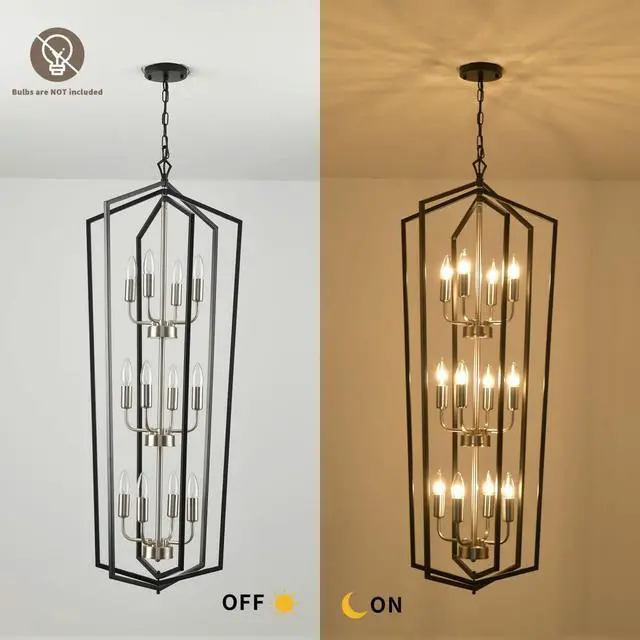 Alt view image 6 of 6 - 12-Light Lantern Pendant Light, Foyer Chandeliers for High Ceilings, for Entrance, Foyer, Kitchen Island, Dining Room, Living Room(Black & Silver)