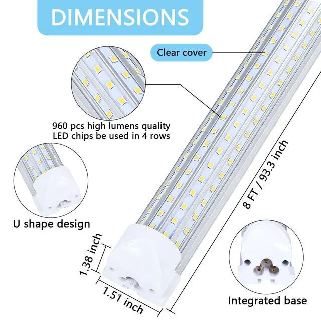 Alt view image 2 of 6 - 6-Pack 8ft LED Shop Light Fixture - 120W T8 Integrated LED Tube Light - 6000K 20000LM V-Shape Linkable - High Output - Clear Cover - Plug and Play - 300 Degree Lighting for Garage, Shop, Barn