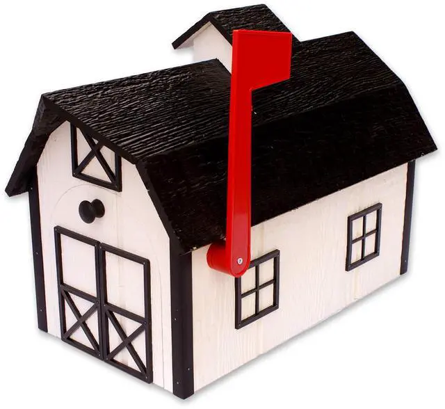 Main image of AmishToyBox Deluxe Wooden Mailbox, Dutch Barn Style with Rustic Cupola (White with Black Trim), Amish-Made