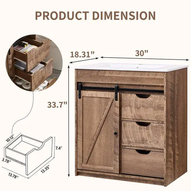 Alt view image 2 of 6 - 30" Farmhouse Bathroom Vanity with Ceramic Sink Combo, Freestanding Modern Bathroom Storage Vanity Cabinet w/Sliding Barn Door, 3 Drawers & Adjustable Shelves, Light Brown