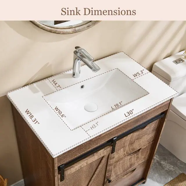 Alt view image 3 of 6 - 30" Farmhouse Bathroom Vanity with Ceramic Sink Combo, Freestanding Modern Bathroom Storage Vanity Cabinet w/Sliding Barn Door, 3 Drawers & Adjustable Shelves, Light Brown