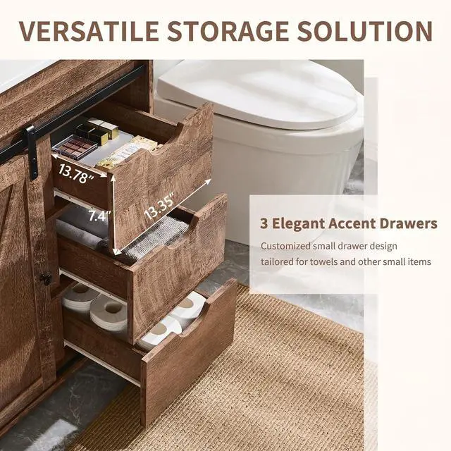 Alt view image 4 of 6 - 30" Farmhouse Bathroom Vanity with Ceramic Sink Combo, Freestanding Modern Bathroom Storage Vanity Cabinet w/Sliding Barn Door, 3 Drawers & Adjustable Shelves, Light Brown