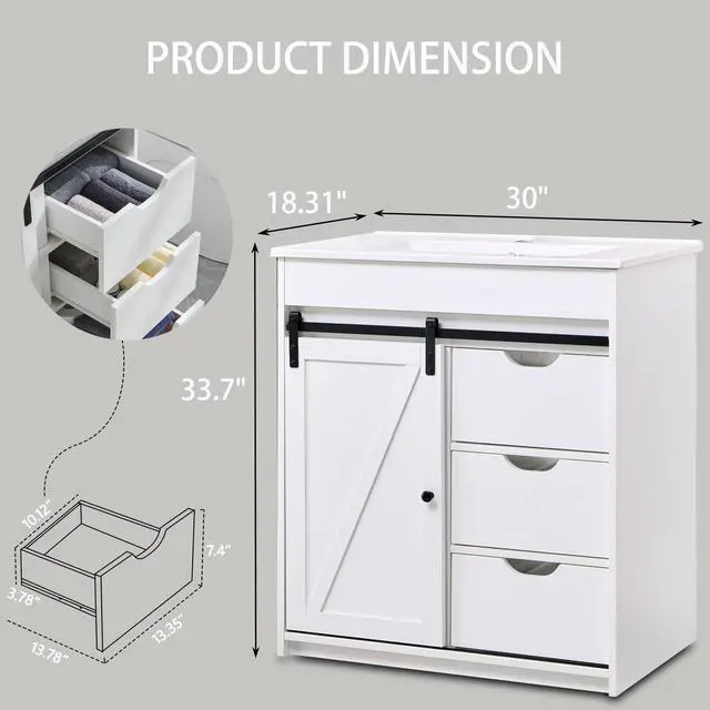 Alt view image 2 of 6 - 30" Farmhouse Bathroom Vanity with Sink, Freestanding Bathroom Storage Vanity Cabinet w/Sliding Barn Door, 3 Drawers & Adjustable Shelves, Metal Handle, White