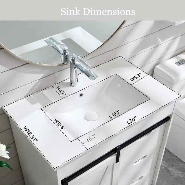 Alt view image 3 of 6 - 30" Farmhouse Bathroom Vanity with Sink, Freestanding Bathroom Storage Vanity Cabinet w/Sliding Barn Door, 3 Drawers & Adjustable Shelves, Metal Handle, White