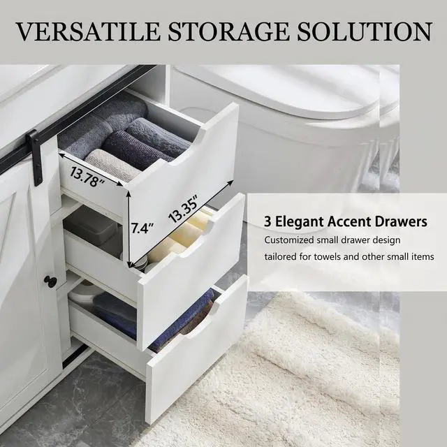 Alt view image 4 of 6 - 30" Farmhouse Bathroom Vanity with Sink, Freestanding Bathroom Storage Vanity Cabinet w/Sliding Barn Door, 3 Drawers & Adjustable Shelves, Metal Handle, White
