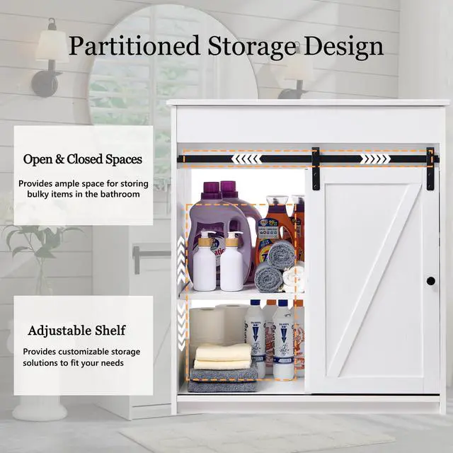 Alt view image 5 of 6 - 30" Farmhouse Bathroom Vanity with Sink, Freestanding Bathroom Storage Vanity Cabinet w/Sliding Barn Door, 3 Drawers & Adjustable Shelves, Metal Handle, White