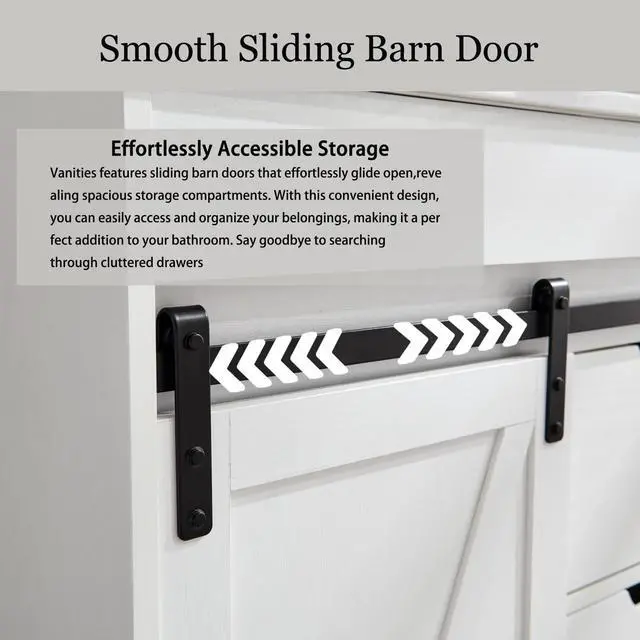 Alt view image 6 of 6 - 30" Farmhouse Bathroom Vanity with Sink, Freestanding Bathroom Storage Vanity Cabinet w/Sliding Barn Door, 3 Drawers & Adjustable Shelves, Metal Handle, White